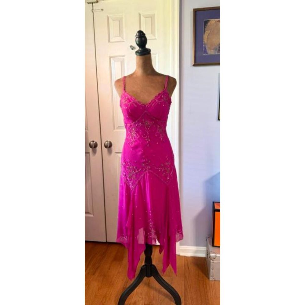 Vintage Sue Wong Size 6 Pink 100% Silk Beaded Asymmetrical Evening Dress